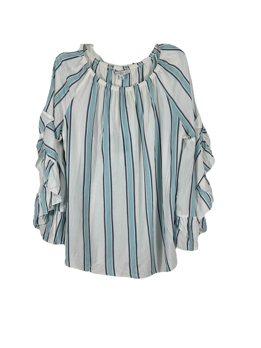Fever Women’s Size L Blue White Gray Striped Pleated Bell Sleeve Blouse Tunic